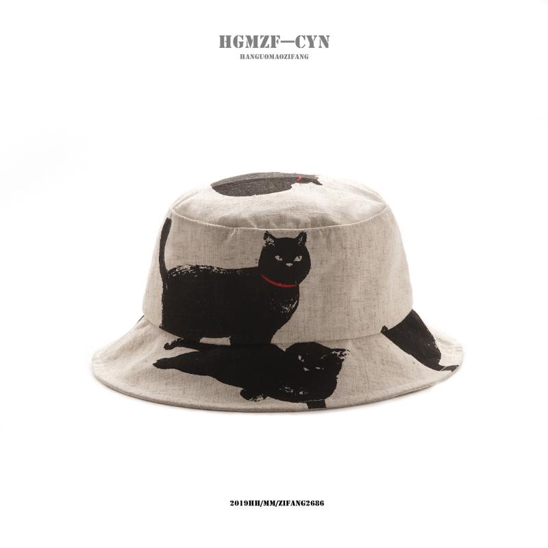 Nón Bucket Vải Cotton Lanh In Hình Mèo Dễ Thương Phong Cách Hàn Quốc Cho Nữ