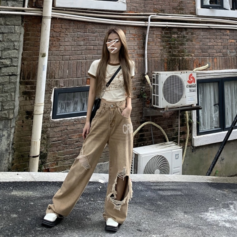 Quần Jeans Nữ Lưng Cao Ống Rộng Rách Gối Thời Trang