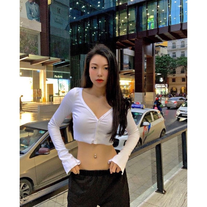 Áo croptop tay dài nút bấm khoét eo, áo crt ôm body khoe eo co giãn tốt