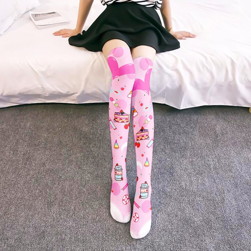 Tất Dài Qua Gối In Hình Hộp Sữa Phong Cách Lolita Dễ Thương Cho Nữ