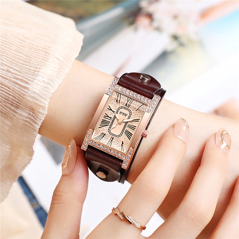 Đồng Hồ Quartz Mặt Chữ Nhật Dây Da Phong Cách Vintage
