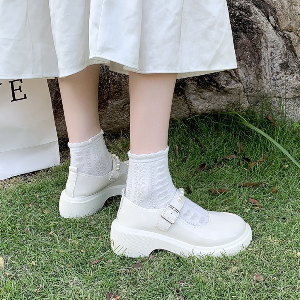 [NOWSHIP] Giày Lolita Nữ HENBI Mary Quai Ngọc Hột Soàn Da Bóng Màu Đen/Kem Quai Cài Hot Mới Cá Tính Xinh Đẹp Thời Trang
