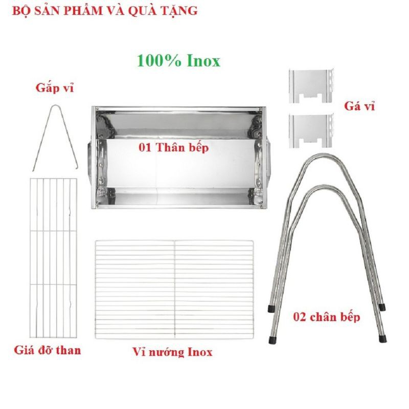 Bếp nướng than BBQ inox điều chỉnh được độ cao cỡ Trung, 49*30*57cm