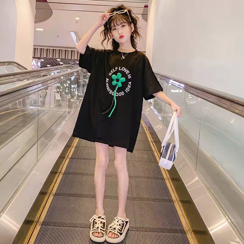 Áo baby tee thun nữ cotton tay ngắn thêu họa tiết màu sắc tương phản thời trang mùa hè 7-10 Tuổi