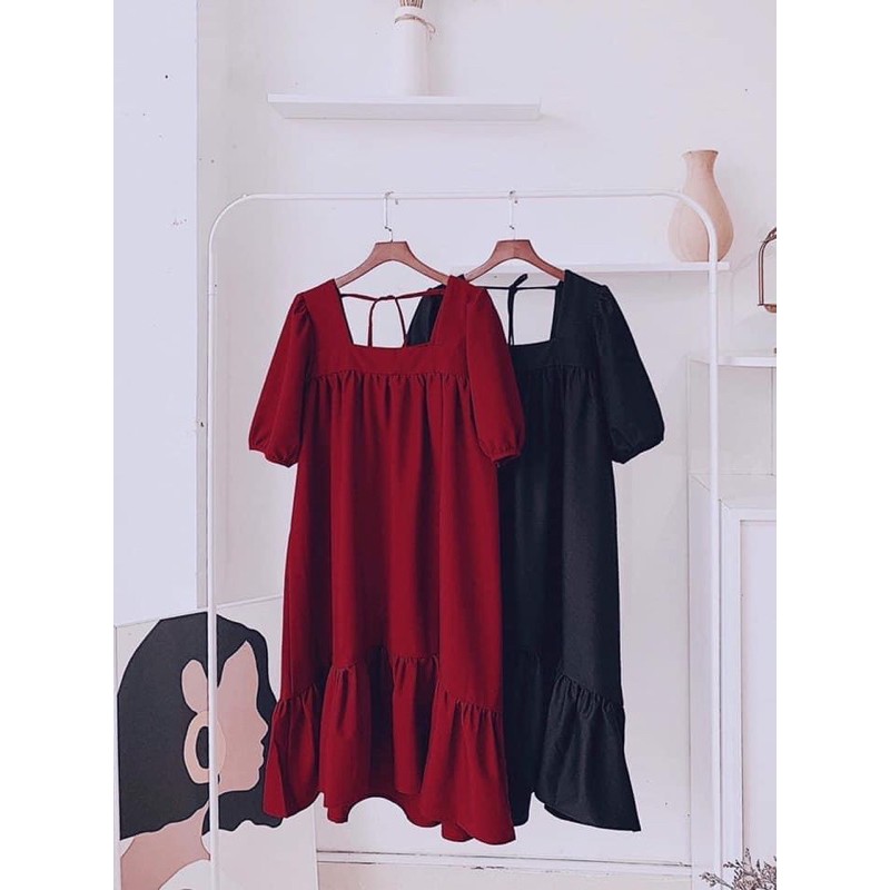 ĐẦM ĐŨI-Váy maxi dáng suông đuôi cá cổ vuông buộc dây sau 2 màu đỏ-đen