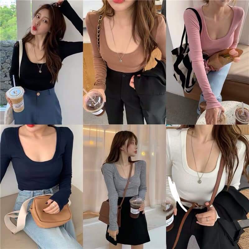 Áo croptop cổ vuông tay dài tối giản