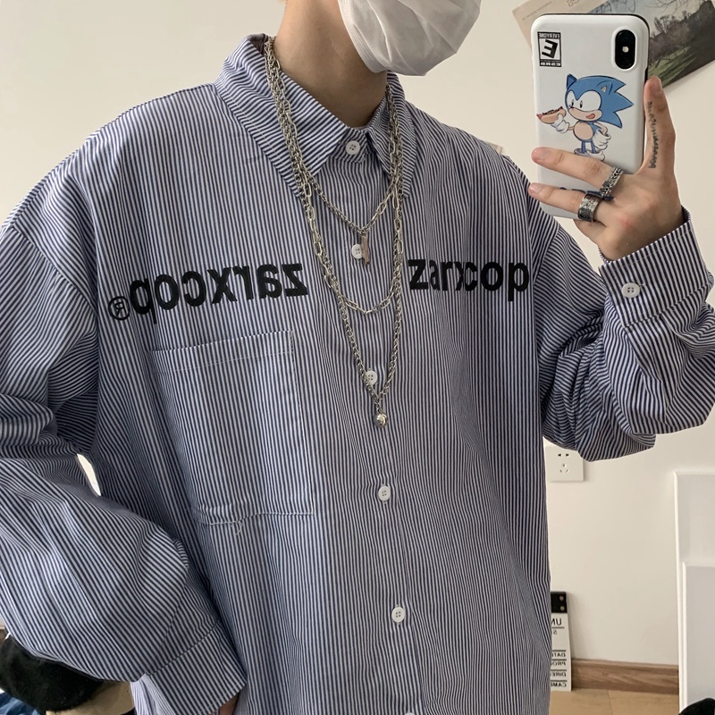 Áo sơ mi tay dài họa tiết kẻ sọc màu sắc tương phản phong cách Hàn Quốc sành điệu cho nam | BigBuy360 - bigbuy360.vn