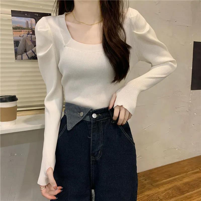 Jiashucheng Áo Sweater Cổ Vuông Thời Trang Thu Đông Phong Cách Mới Cho Nữ
