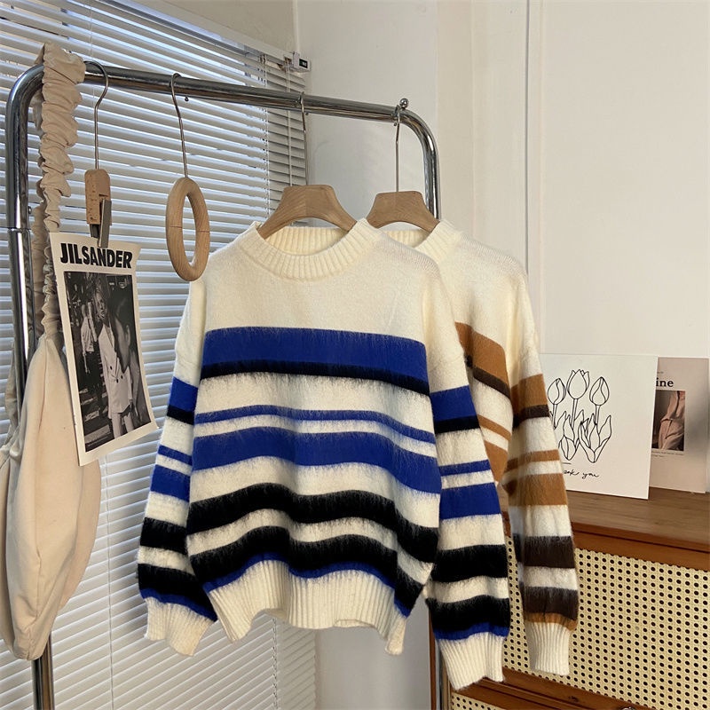 Áo sweater Tay Dài Dáng Rộng Họa Tiết Kẻ Sọc Thời Trang Mùa Thu Mới Cho Nữ