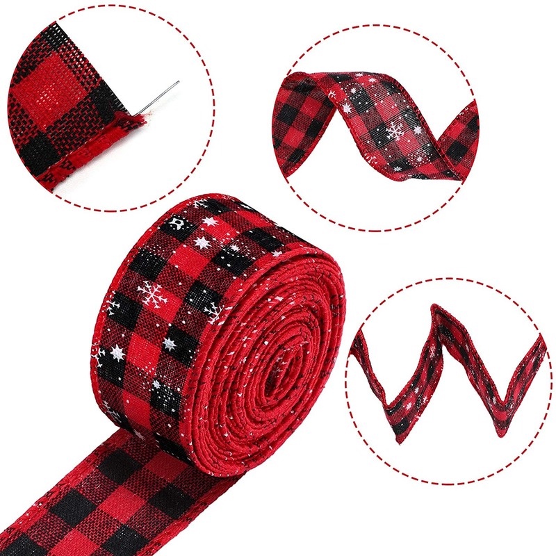 Cuộn dây ruy băng bằng vải bố họa tiết sọc caro màu đỏ đen dùng trang trí Giáng Sinh DIY