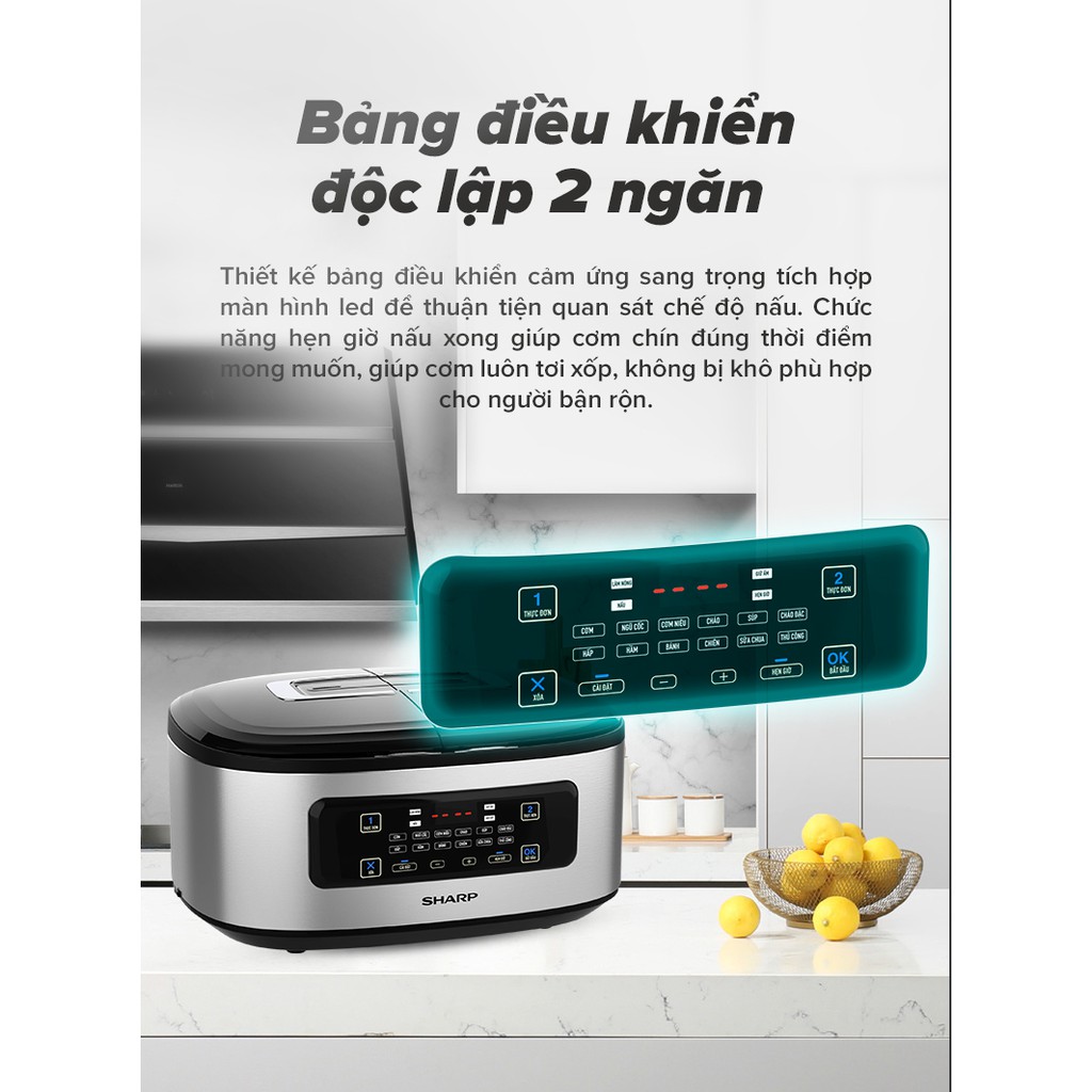 [HÀNG CHÍNH HÃNG] Nồi Cơm 2 Ngăn Đa Năng Sharp 1.8 lít KN-TC50VN-SL/WH Công suất 900W (mỗi bên 450W) nồi nấu đa năng