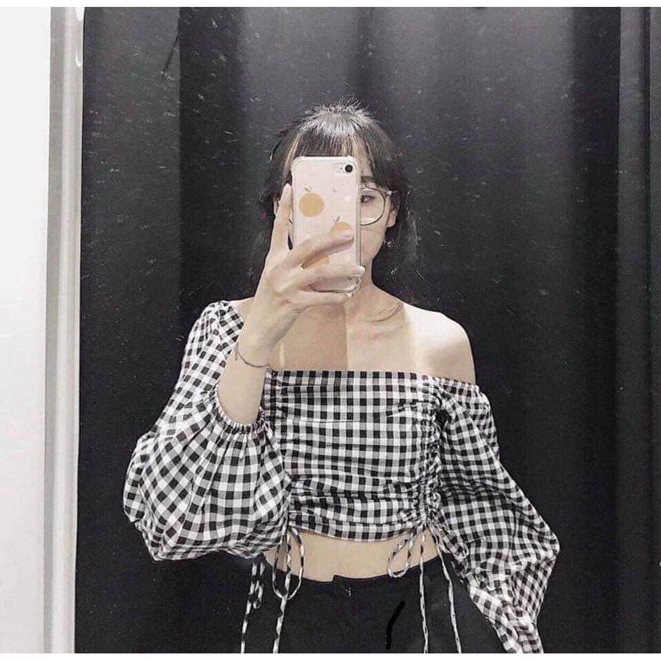 ÁO CROPTOP KẺ TRỄ VAI - ÁO CARO RÚT DÂY ULZZANG