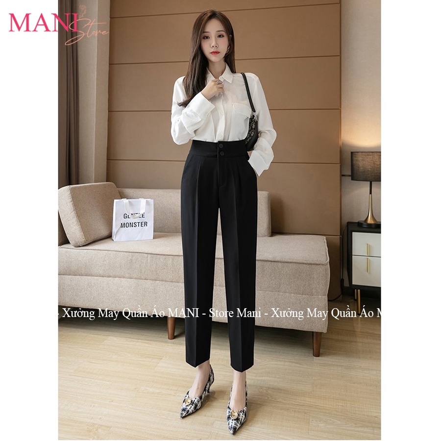 Quần baggy cạp cao bản to phối 2 cúc lưng thun chun co dãn màu Đen Xám Nâu vải tuyết mưa mặc đi làm công sở học sinh