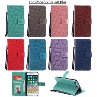 For iPhone 7 Plus/8 Plus Blue Lanyard Relief Flower Leather Flip Case