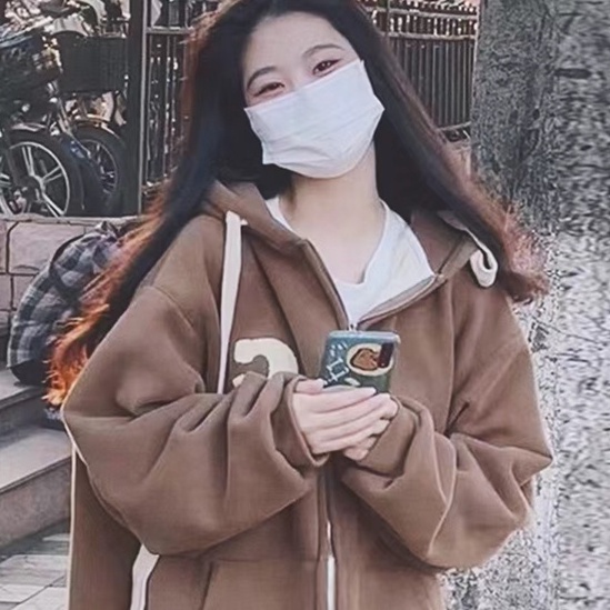 ZHELIHANGFEI Áo Khoác Tay Dài Có Nón Phối Khóa Kéo Phong Cách Nhật Bản