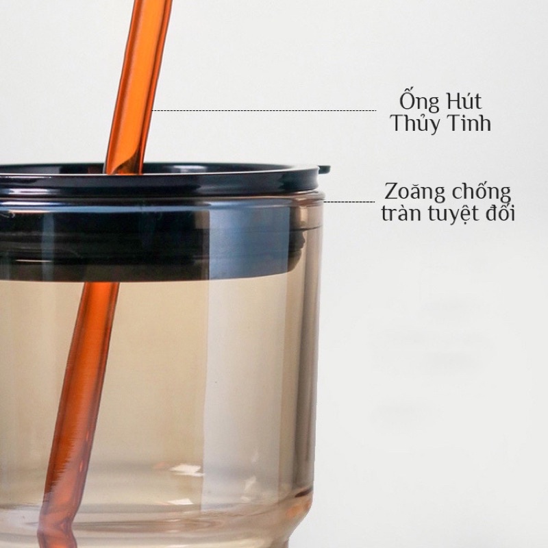 [Khắc tên theo yêu cầu miễn phí] Cốc thủy tinh có nắp và bao da đi kèm 450 ml - tặng kèm ống hút thủy tinh