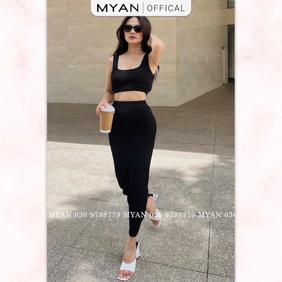 Set Áo Croptop 3 Lỗ + Chân Váy Body MYAN Thiết Kế Chất Thun Co Giãn Siêu Tôn Dáng (Xanh, Đen, Kem, Xanh, Vàng) Svn052201