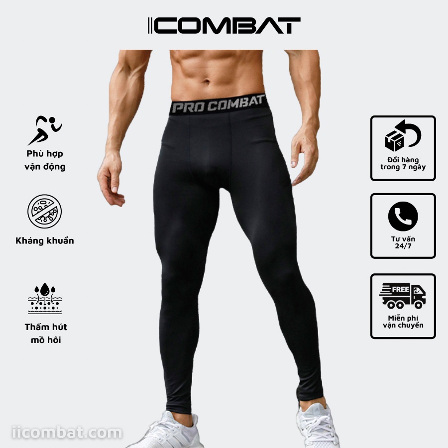 iiCOMBAT Quần legging nam PRO COMBAT đen viền xám, quần giữ nhiệt thể thao nam chuyên tập GYM (màu đen)