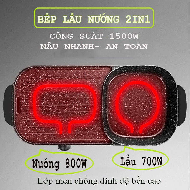 Bếp lẩu nướng đa năng, nồi lẩu nướng 2 trong 1 công suất cao 1500W phù hợp 5-6 người dùng