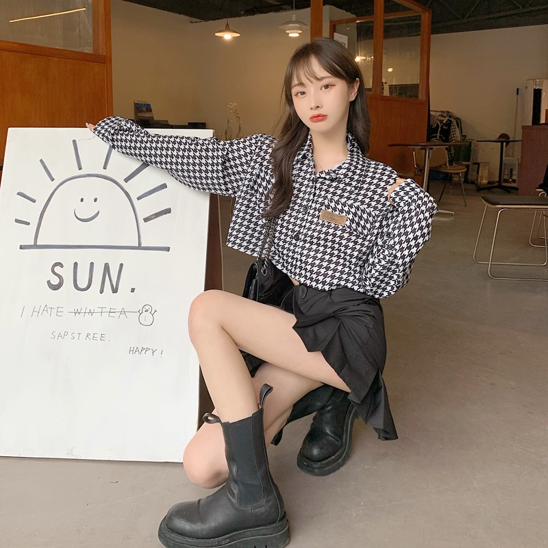 SUXI Áo sơ mi tay dài dáng rộng họa tiết kẻ sọc caro thời trang mùa thu Hàn Quốc trẻ trung năng động cho nữ