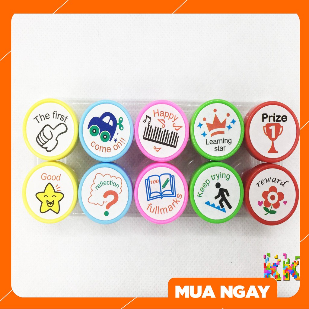 Bộ dấu nhựa lời khen tiếng anh, dấu mặt cười ✅ đồ dùng giáo cụ dạy học