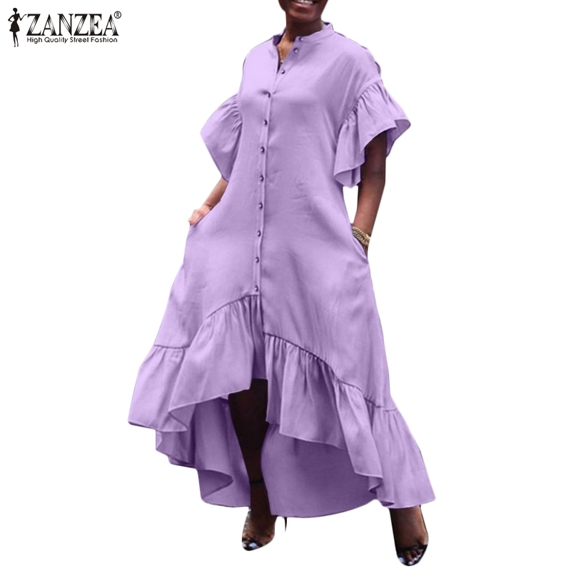 Đầm Maxi ZANZEA Tay Ngắn Cổ Chữ V Vạt Áo Không Đều Màu Trơn Dáng Rộng Viền Áo Nhún Bèo Thời Trang Nữ