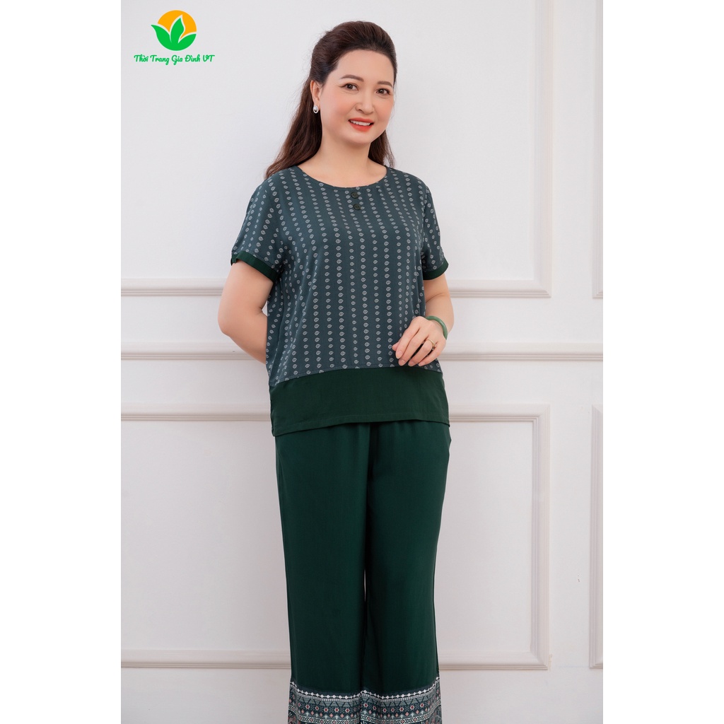 Bộ mặc nhà trung niên xuân hè Việt Thắng, quần dài, áo cộc tay, chất Lanh B06.2219