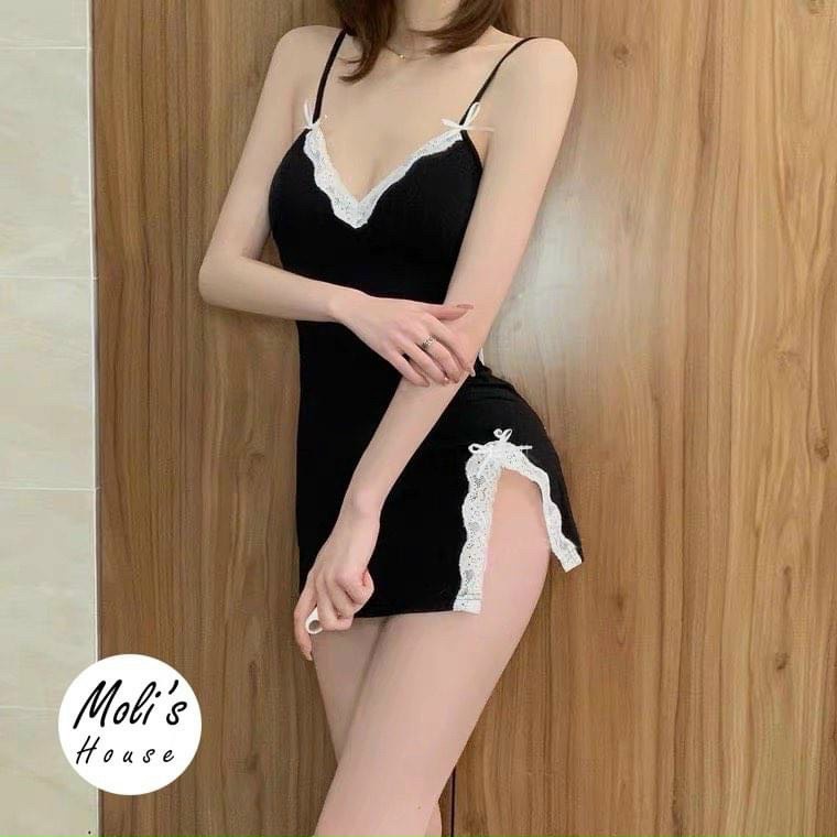 hot hit đầm viền ren 2 dây chất thun gân tặng kèm quần chip xinh