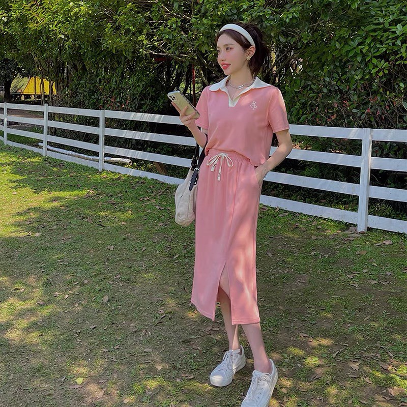 Set chân váy áo thun , chất cotton zip thêu OP , Đồ bộ nữ chân váy