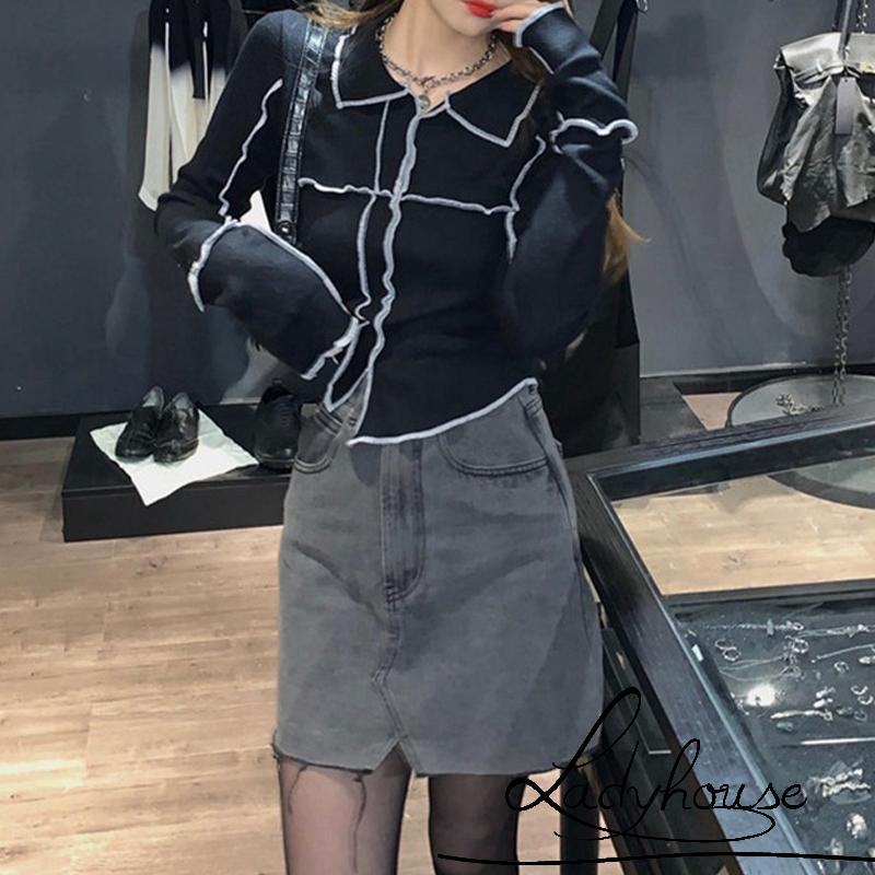 Áo Thun Tay Dài Cổ Bẻ Màu Đen Dáng Ôm Thời Trang Xuân Thu Dành Cho Nữ