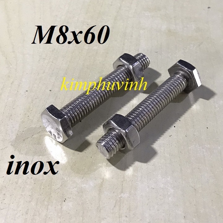 5 BỘ - M8x60mm BULONG INOX - BULON  INOX 8li - ỐC INOX 8li