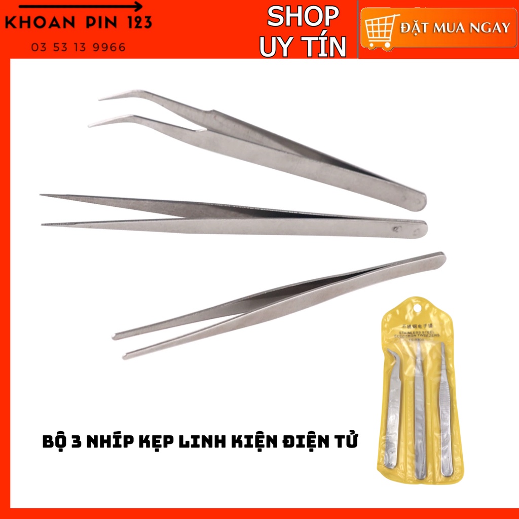 Bộ 3 nhíp kẹp gắp linh kiện điện tử bằng thép không gỉ có túi đựng