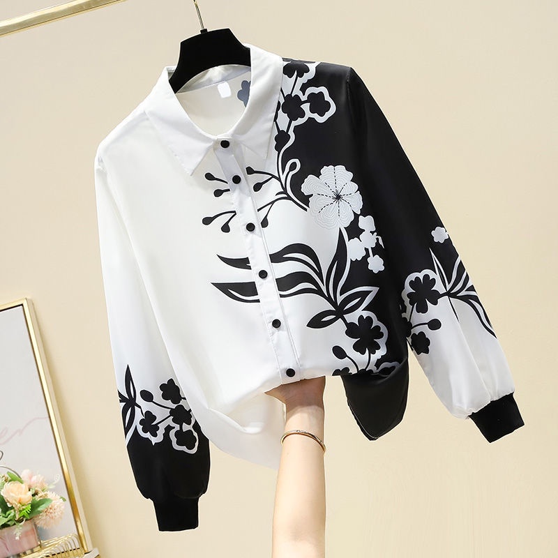 Áo Sơ Mi Giả Lụa Tay Dài In Họa Tiết Trắng Đen Thời Trang Cho Nữ