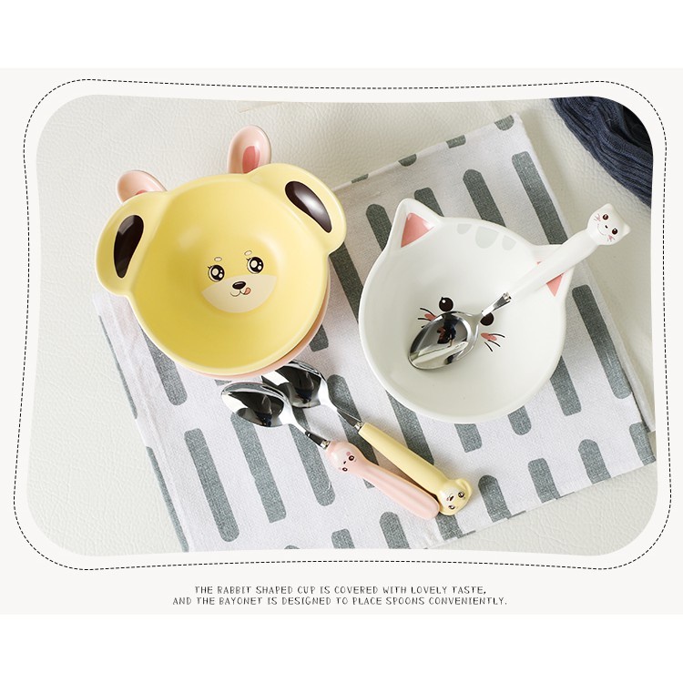 Bát sứ ăn dặm hình thỏ hồng, cún vàng, mèo trắng 15cm