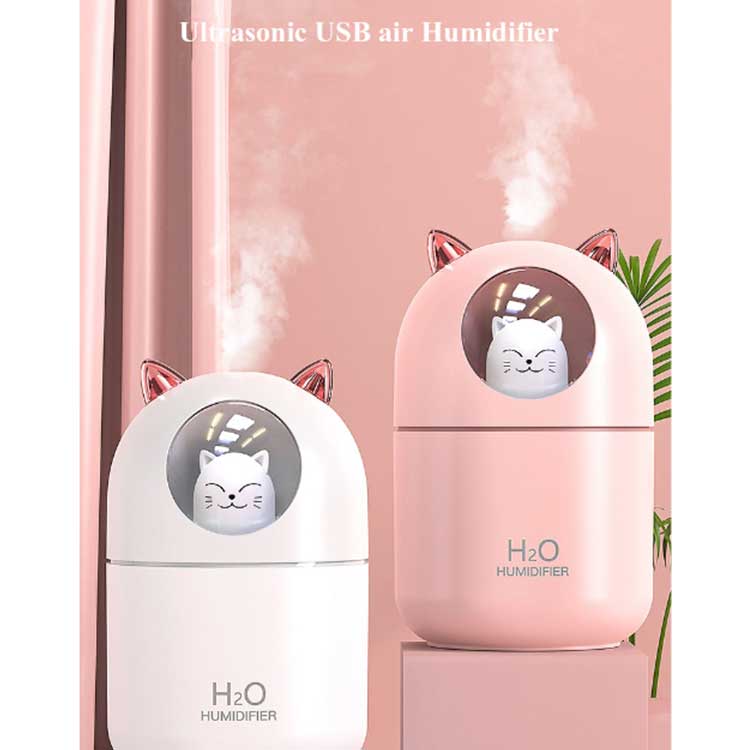 Máy Tạo Độ Ẩm Khuếch Tán Tinh Dầu Mini 300ml Có Đèn Led Hình Mèo Đáng Yêu