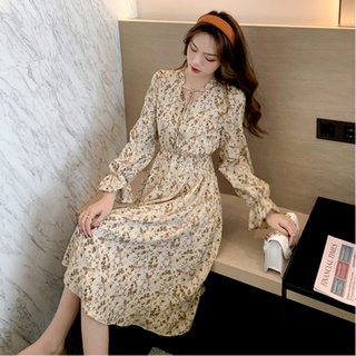 Đầm Hoa Tay Loe Dài Qua Gối Phong Cách Retro Pháp Thời Trang Mùa Thu Hàng Mới Dành Cho Bạn Nữ 2021