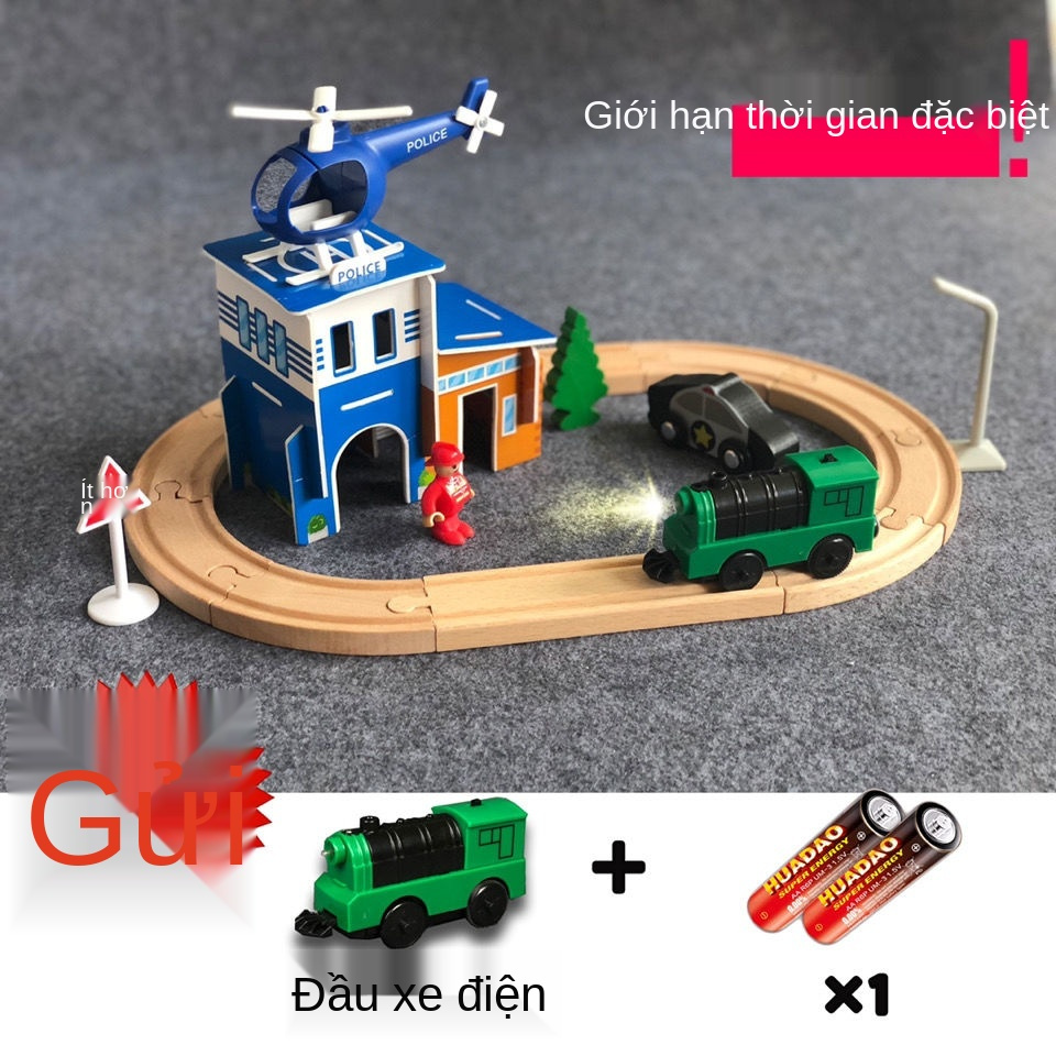 Bộ đường ray tàu hỏa nhỏ bằng gỗ đầu ô tô điện xe lửa cậu bé xây khối đồ chơi trẻ em