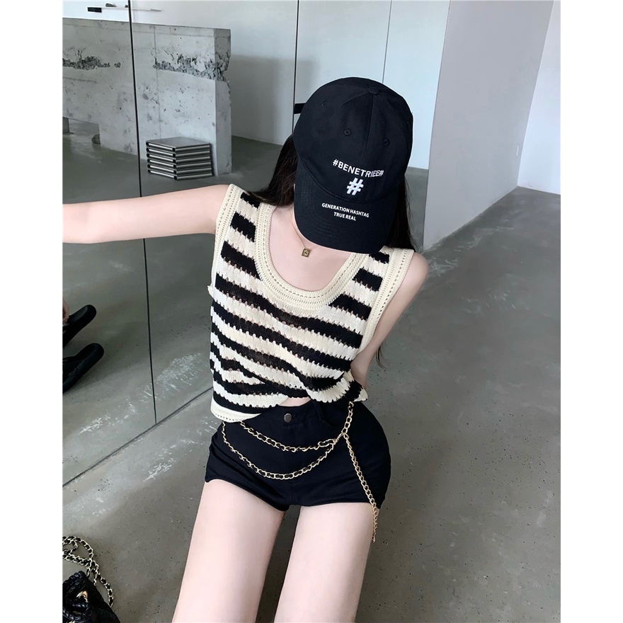 LALISAS Áo Len Không Tay Họa Tiết Kẻ Sọc Thời Trang Hàn Quốc Dễ Phối Đồ Cho Nữ