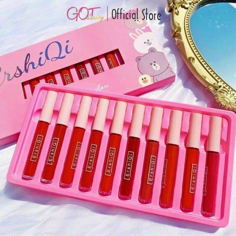 Set 10 Son Kem Lì ErShiQi Gấu Vịt Matte Matte Lip Glaze Cute Siêu Hot Siêu Rẻ Vị Hoa Quả GOT STORE