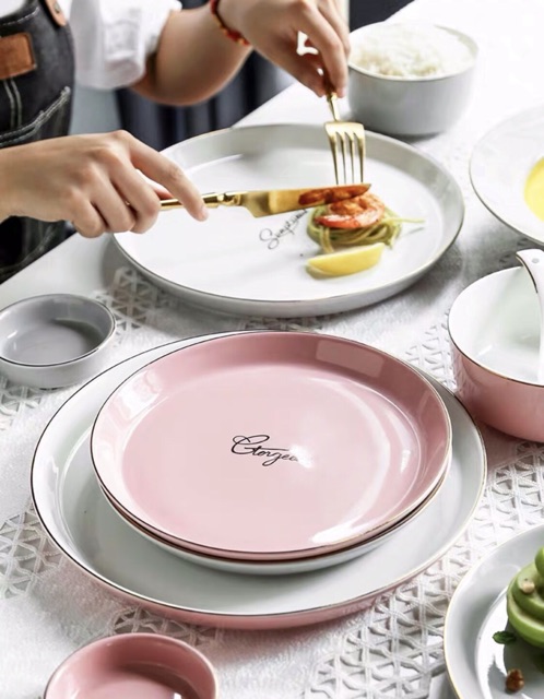 Bộ bát đĩa hồng mix xám cách điệu phong cách Hàn Quốc
