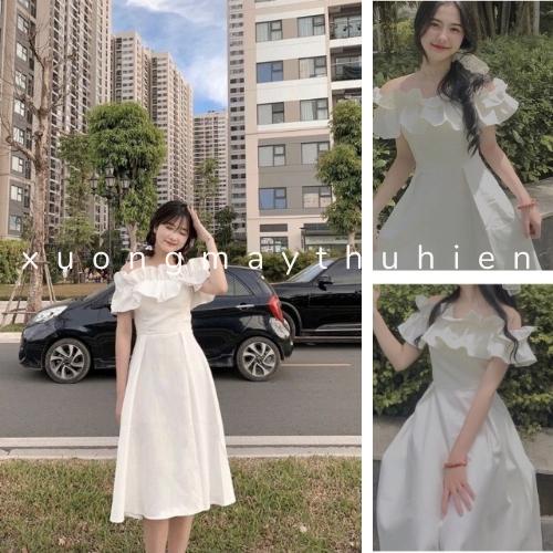 Váy trắng trễ vai bèo dáng dài qua gối che khuyết điểm/ Váy dự tiệc nữ triết eo mặc tôn dáng phong cách ulzzang