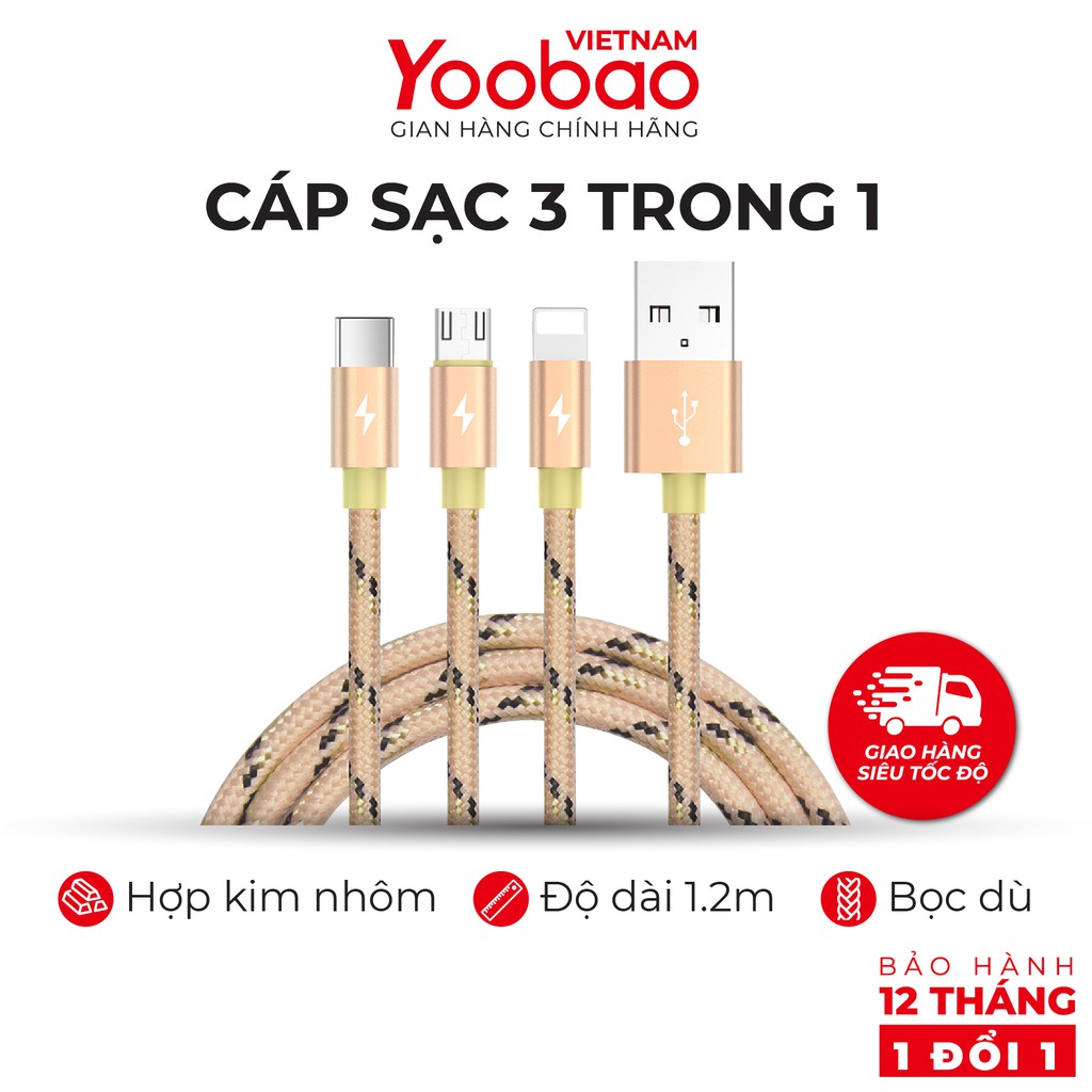 Dây cáp sạc 3 trong 1 (Micro USB/Lingtning/Type C) Yoobao YB-453 vỏ bện nylon Dài 1.2m - Hàng chính hãng - Bảo hành 12 t