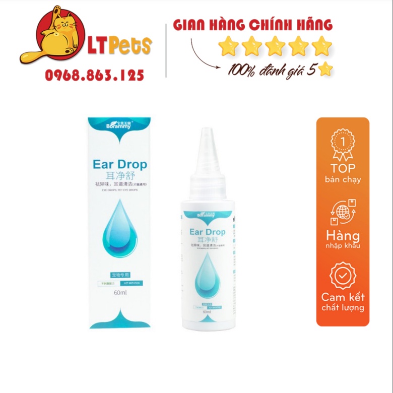 Thuốc nhỏ tai cho chó mèo Borammy chiết xuất thiên nhiên làm sạch tai ngăn ngừa viêm nhiễm, thối tai - 60ml