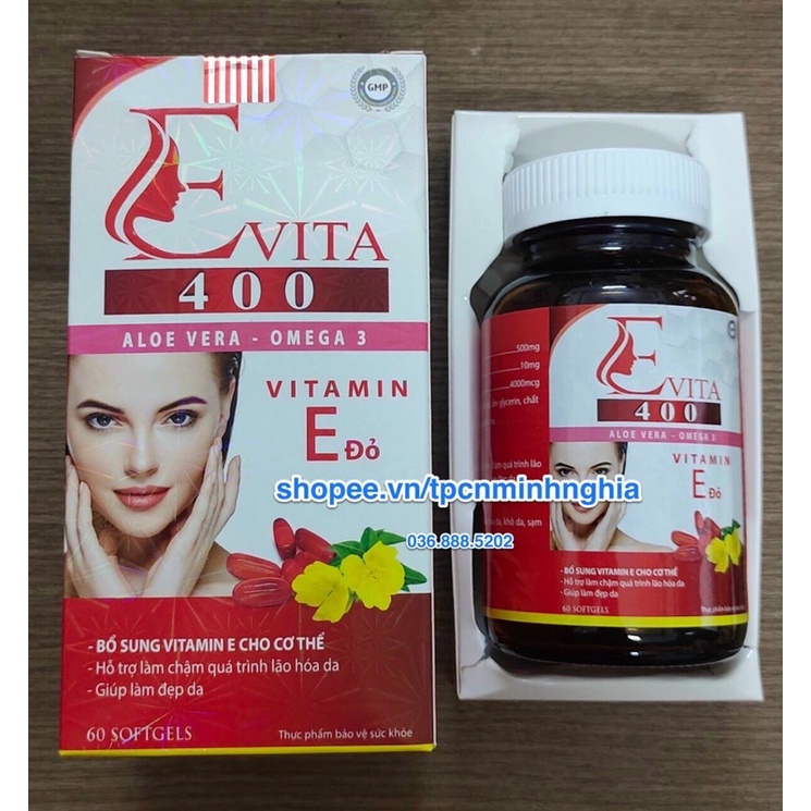 Viên Uống đẹp da Vitamin E Đỏ E Vita 400, Aloe vera 500mg chống lão hóa - Chai 60 viên chống lão hóa da