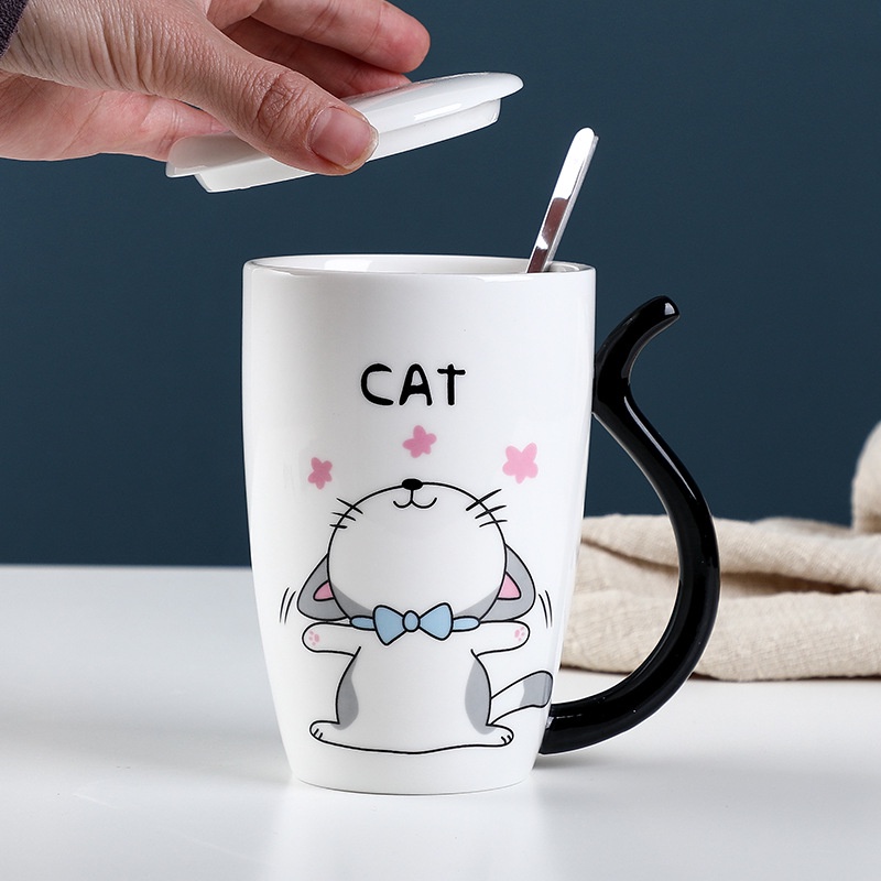 [Hàng sẵn] Cốc mèo, Ly mèo có nắp thìa dễ thương bằng gốm, Dung tích 380ml có kèm nắp đậy, Glass Cat