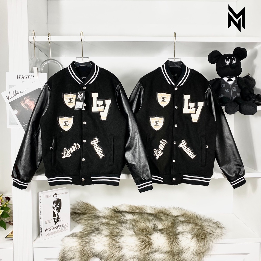 Áo khoác nỉ bomber LV phối tay da logo vá wash hàng cao cấp