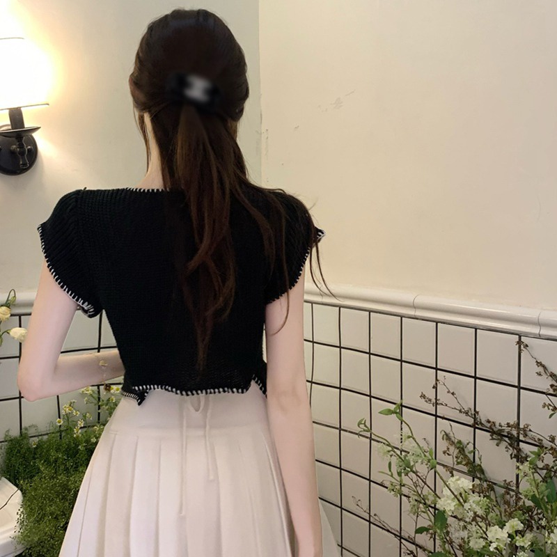 Áo Croptop Dệt Kim Tay Ngắn Màu Sắc Tương Phản Cột Dây Phong Cách Hàn Quốc Thời Trang Mùa