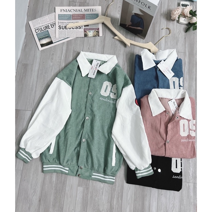 [ẢNH THẬT] Áo Khoác Bomber Unisex CỔ BẺ Chất Nhung Tăm Chống Nắng Thêu Số 09 ,Form Rộng Tay Bồng Đẹp Nam Nữ