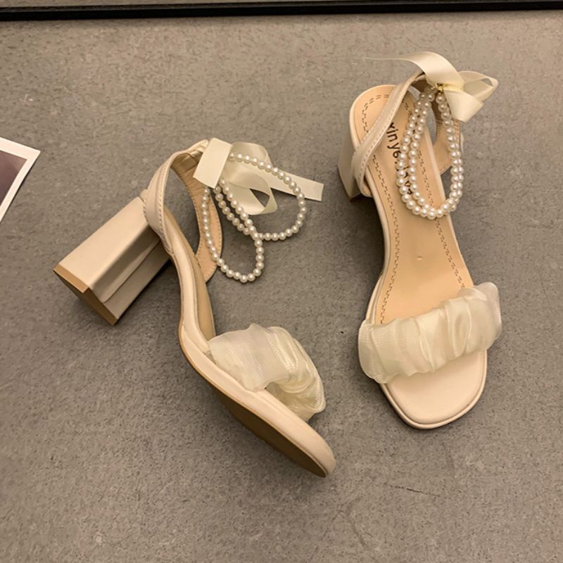 Giày cao gót voan nhũ thắt nơ sang chảnh đế vuông cao 9cm cd45