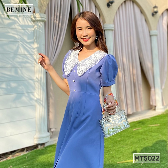 Đầm trơn cổ ren đính hạt BEMINE MT5022XANHLAM